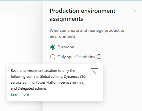 Screenshot of configuring tenant settings for who can create environments.