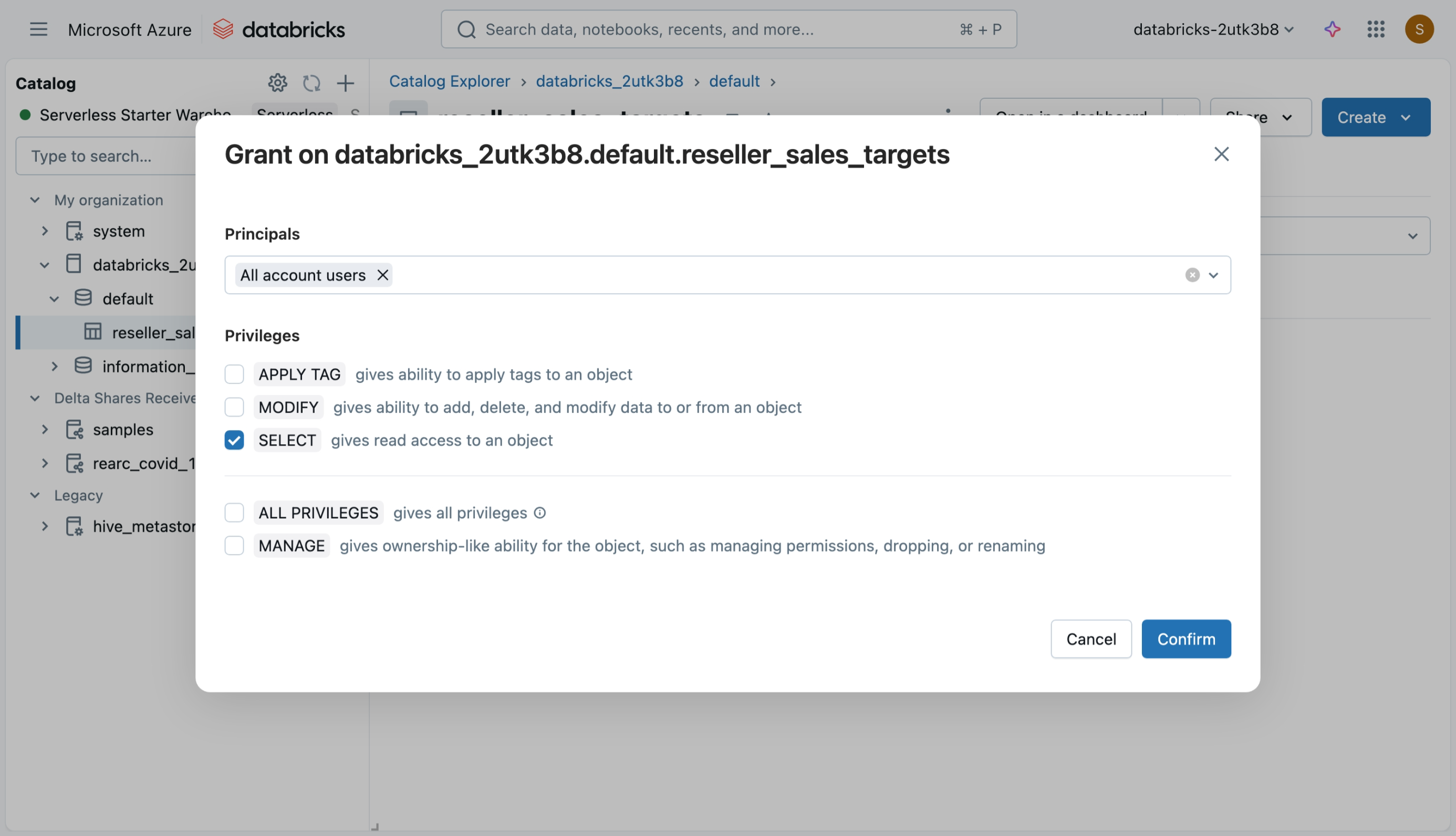 Screenshot showing the Databricks Catalog Explorer, with a focus on granting SELECT permissions on table reseller_sales_targets.