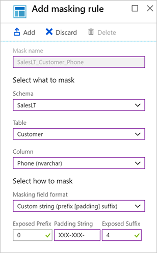Screenshot of the Azure portal showing the values to add a masking rule.