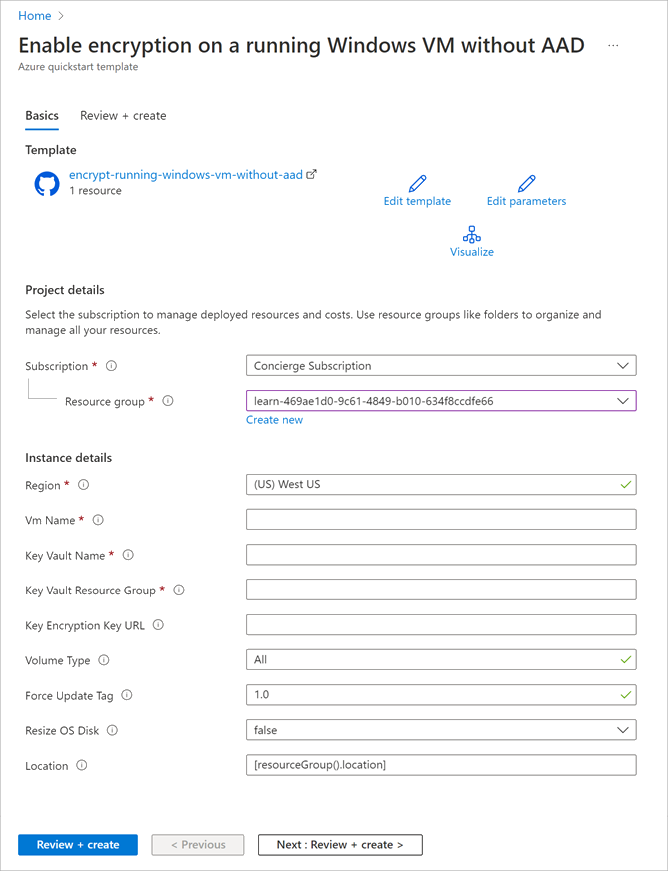 Screenshot showing template in Azure portal.