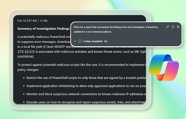 A screenshot of Microsoft Security Copilot summarizing investigation findings and recommending PowerShell security policy changes.