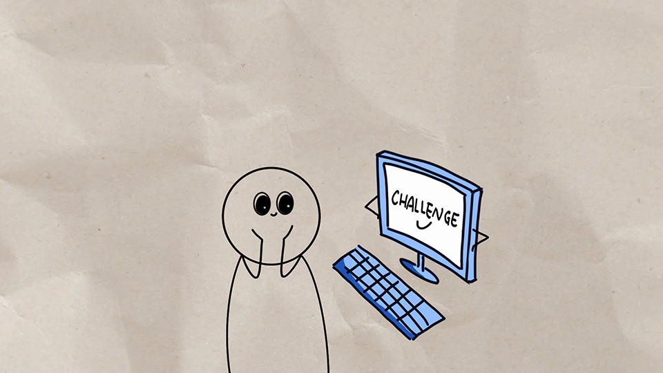 Drawing that shows a person at computer screen that displays the word 'challenge.' The person seems excited to begin working.