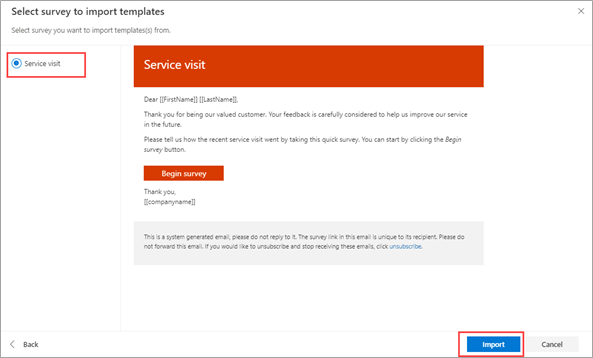 Screenshot showing a preview of the Service visit email template. The Import button in the lower part of the screen is highlighted.