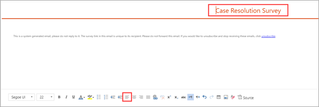 Screenshot showing an email template being edited in Dynamics 365 Customer Voice.