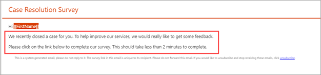 Screenshot showing the body of an email template in Dynamics 365 Customer Voice.