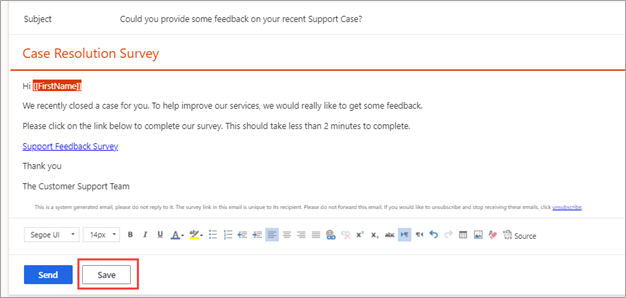 Screenshot showing a completed email template that's ready to be saved. The Save button is highlighted.