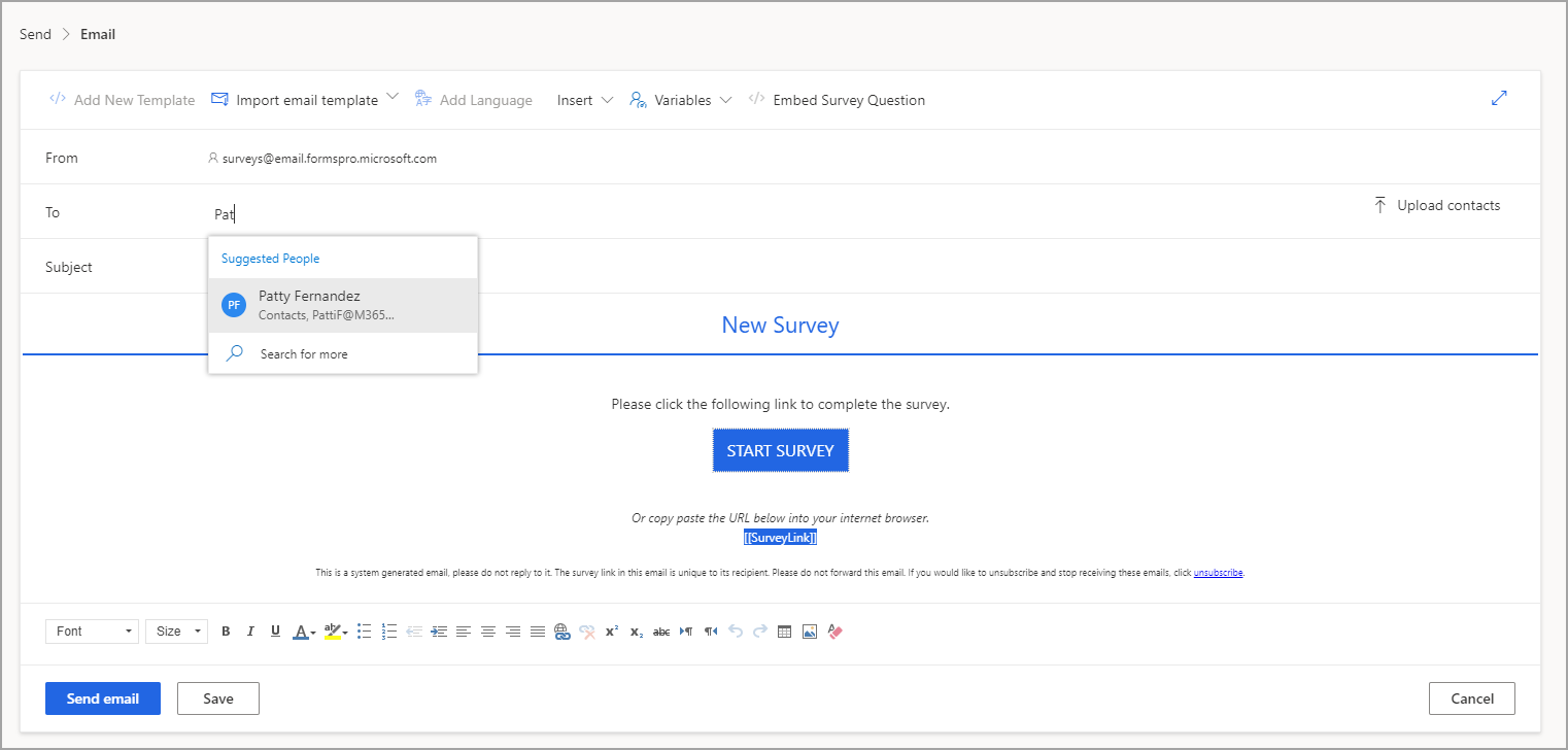 Screenshot of the Send > Email page, showing suggested people as a name is entered into the To field.