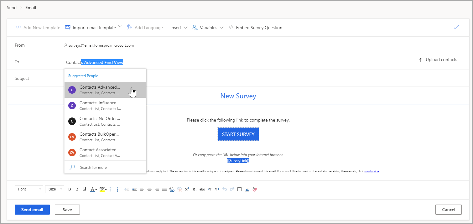 Screenshot showing that, by selecting the Contacts Advanced Find View contact list, the survey invitation will be sent to all contacts.