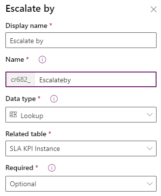 Screenshot of the Escalate by properties with the Name, Data type, Related table, and Required options set.