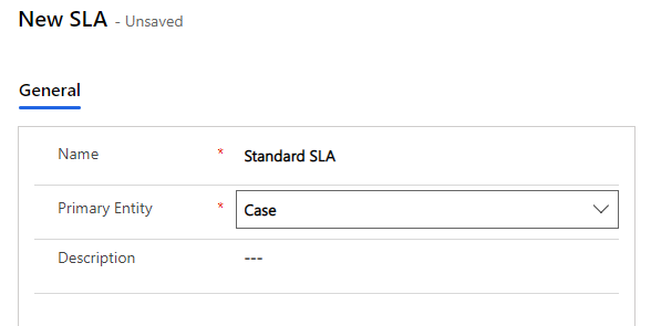Screenshot of the new S L A dialog showing the named Standard S L A.
