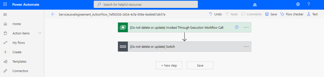 Screenshot of Power Automate showing the SLA action flow.