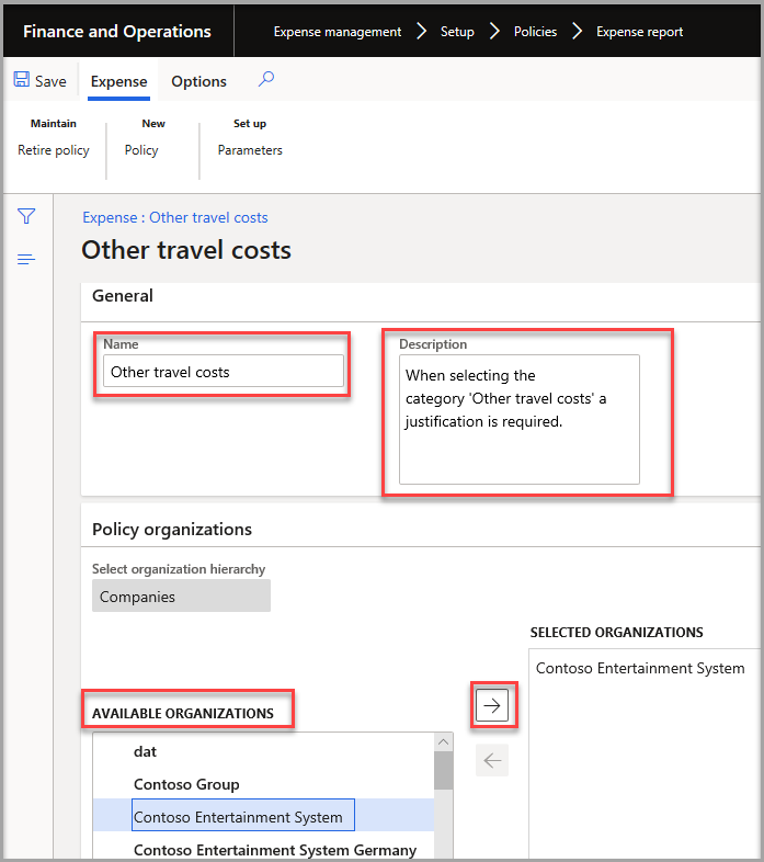  Screenshot of the Expense:Other travel costs page.