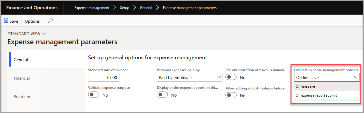  Screenshot of the Expense management parameters page.