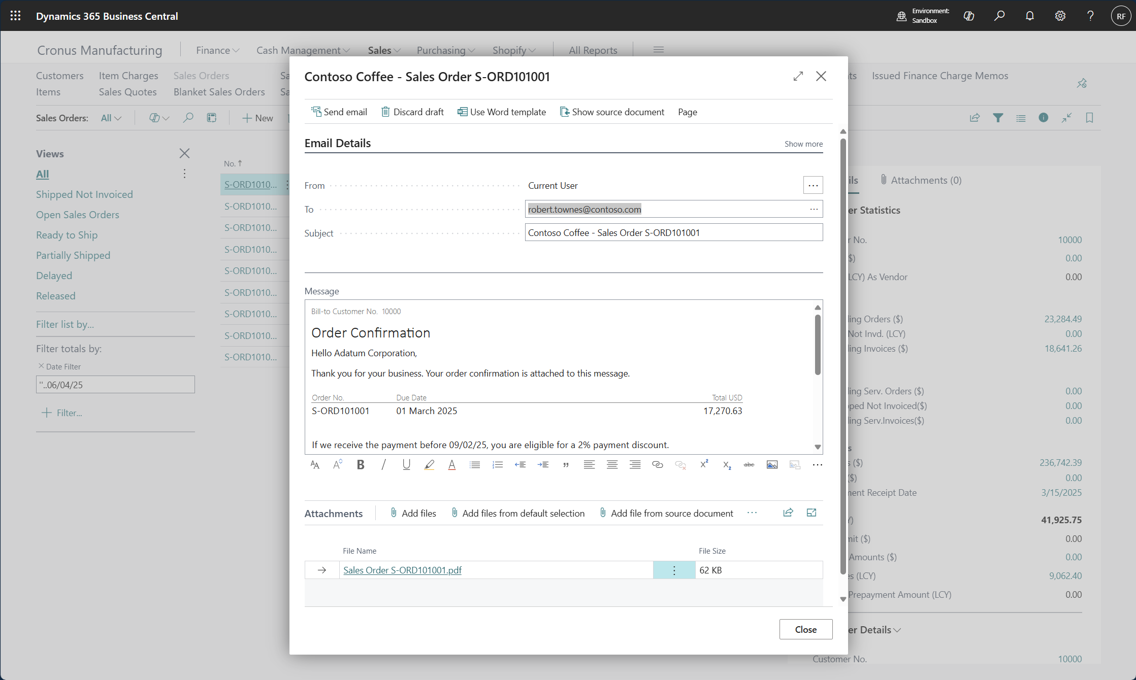 Screenshot of the email order confirmation page.