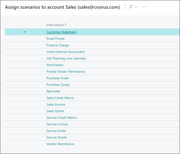 Screenshot showing the list of available email scenarios.