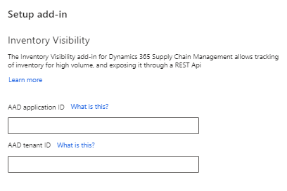Screenshot of the Setup add-in Inventory Visibility page with Microsoft Entra ID application ID and tenant ID.