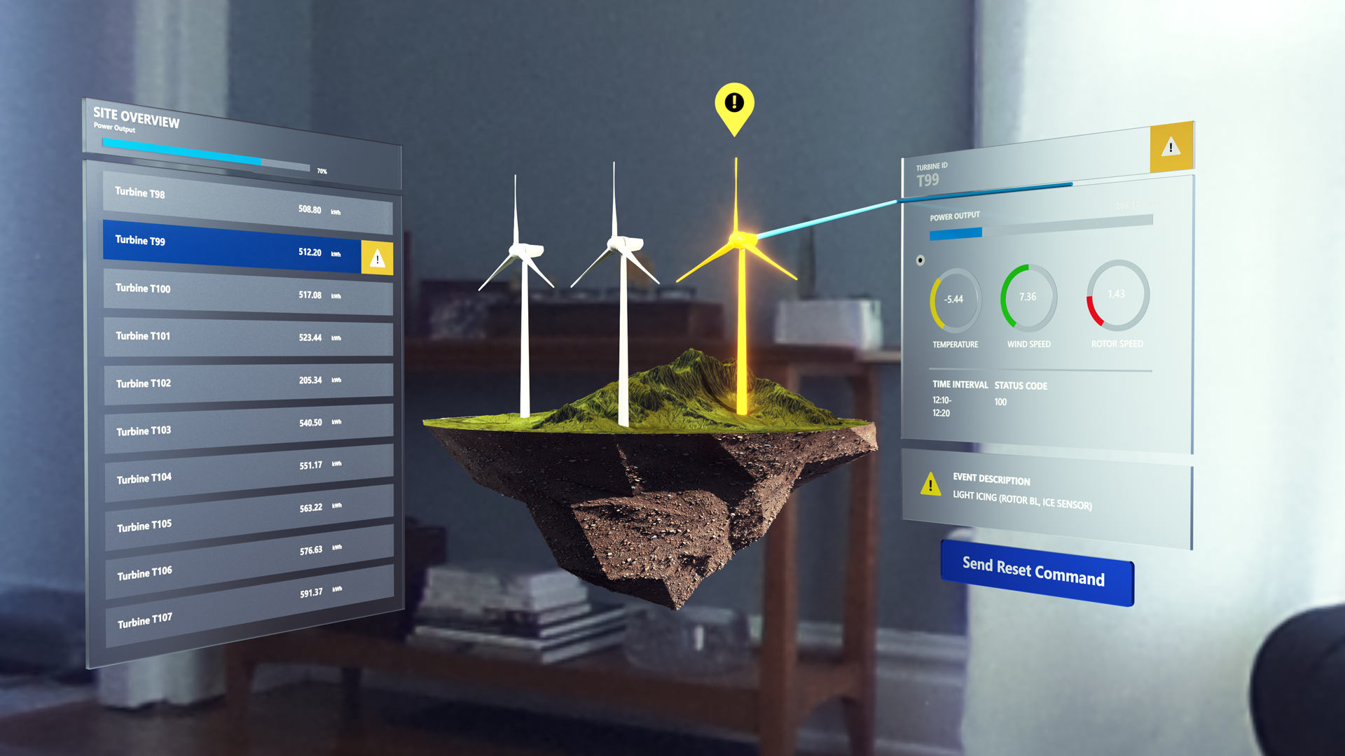 Screenshot of virtual wind farm terrain mixed-reality holographic experience overlaid on a real-world room.