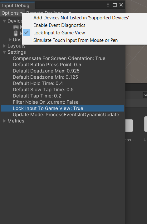 Screenshot of the Unity input debugger panel with the options dropdown selected and lock input to game view highlighted.