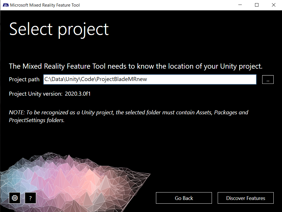 Screenshot of the Mixed Reality Feature Tool select project window.