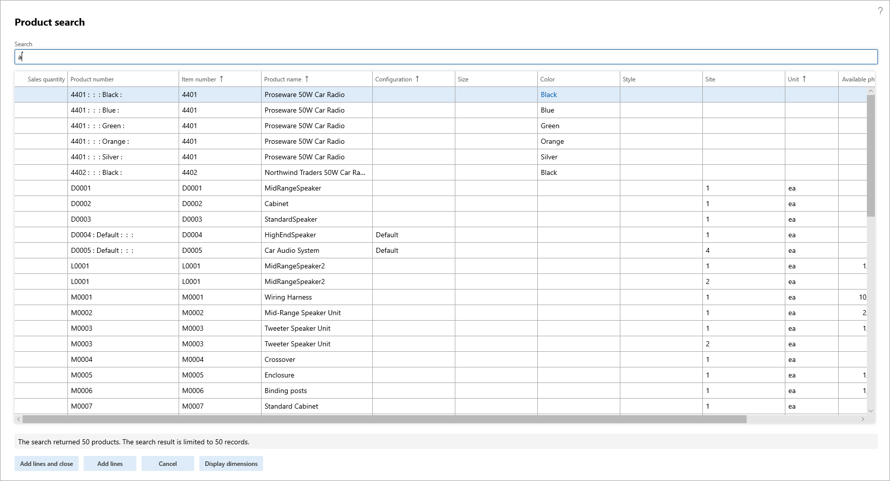 Screenshot of the Product search page showing a table of found products.