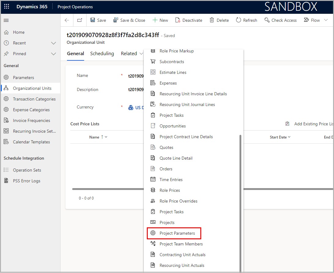 Screenshot shows where to find Project Parameters.