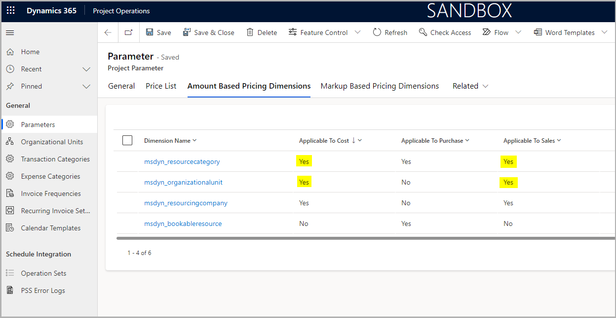 Screenshot of the Amount-based Pricing Dimensions tab.