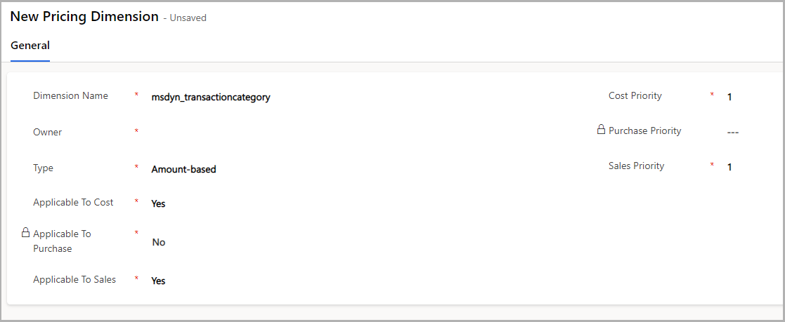 Screenshot shows an example of new pricing dimension, msdyn_transactioncategory.