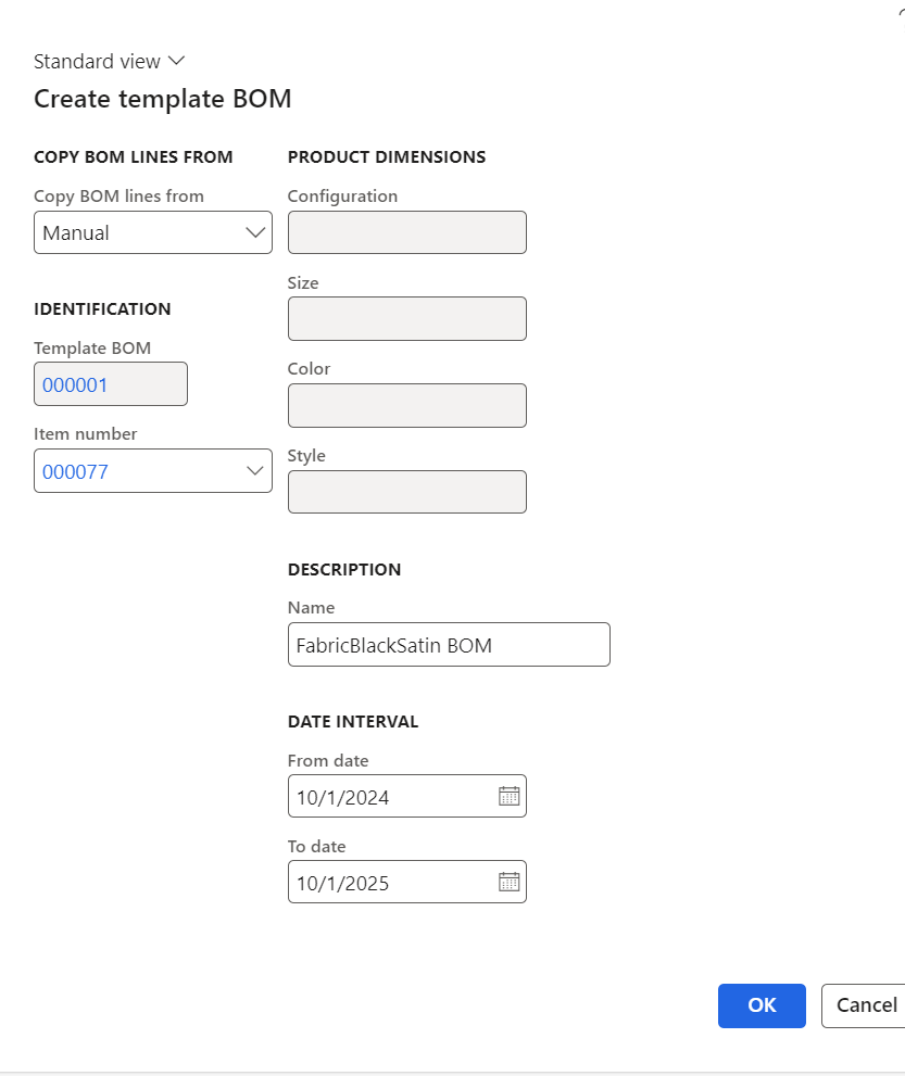 Screenshot of the Create template BOM.