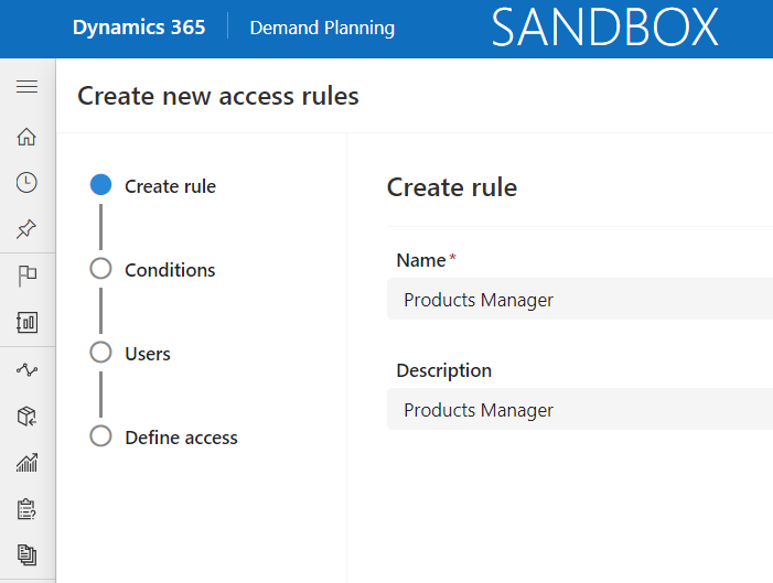 Screenshot of create new access rules wizard.