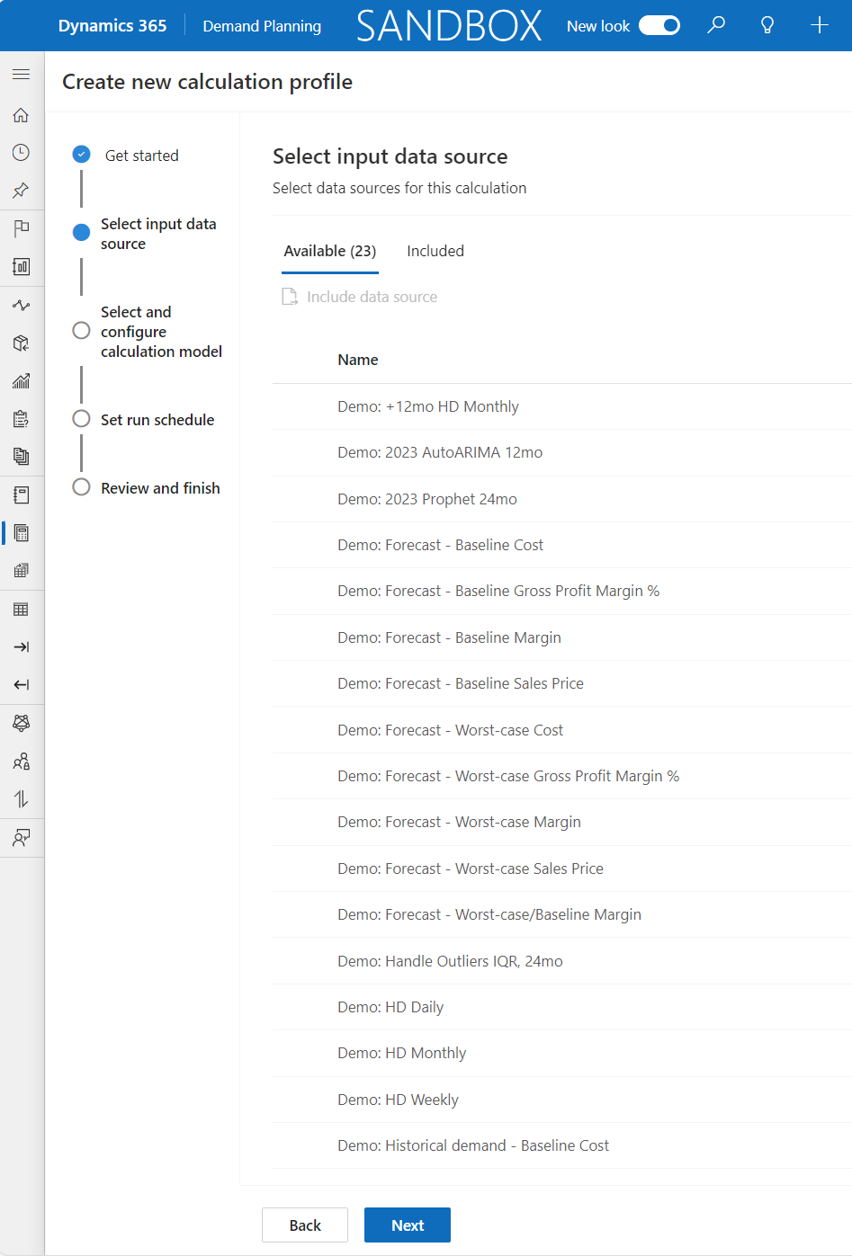 Screenshot of create new calculation profile values.