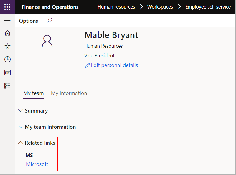 Screenshot of where you find custom links in ESS.