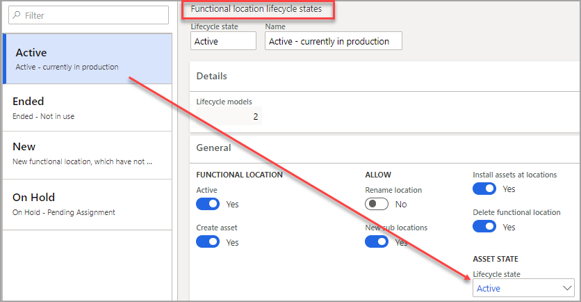 Screenshot of the Asset states page showing the Active lifecycle state.