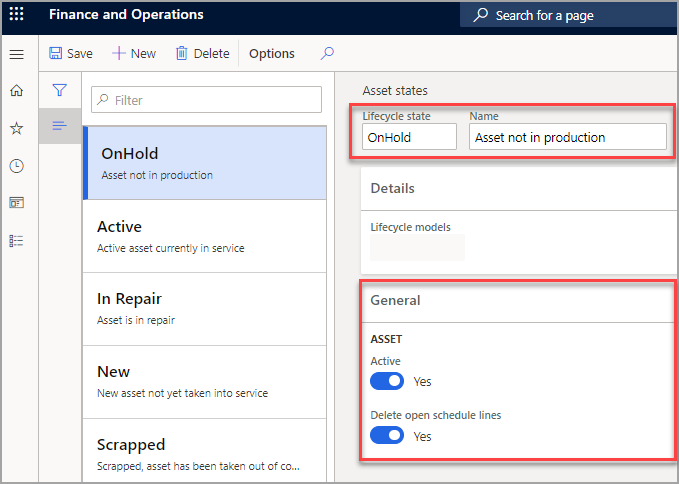 Screenshot of the Asset states page showing the on hold lifecycle state.