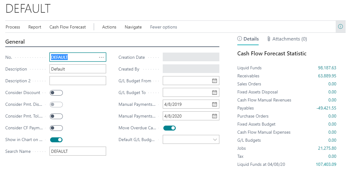 Screenshot of the Cash Flow Default settings.