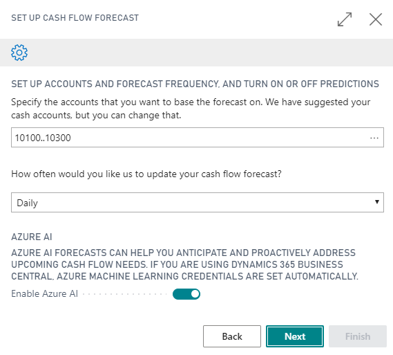 Screenshot of the set up accounts and forecast frequency and predictions window.