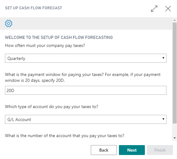 Screenshot of the Setup cash flow forecasting window.