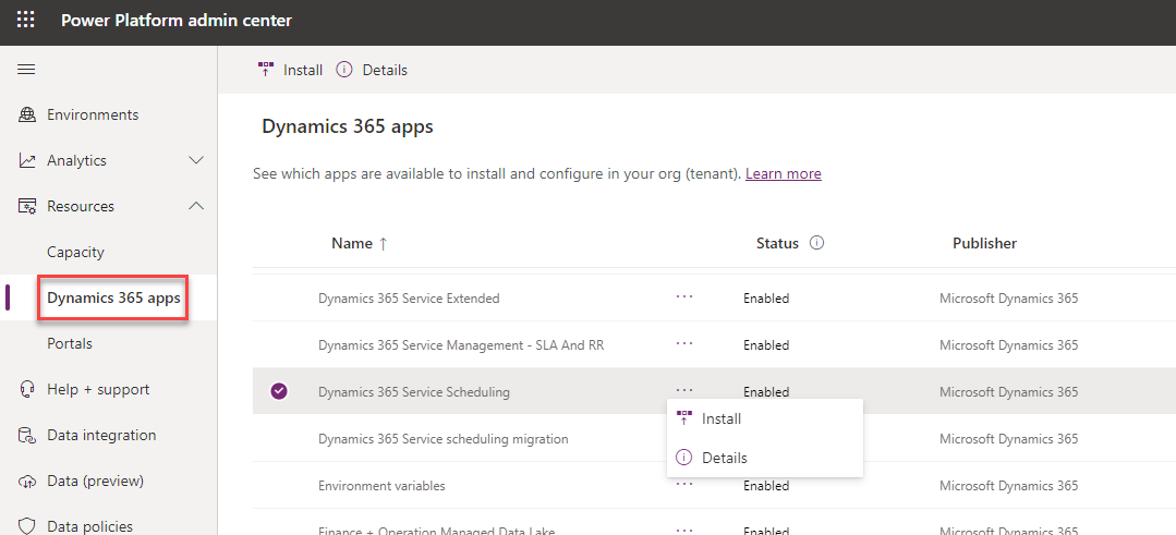 Screenshot of Dynamics 365 apps for an environment.