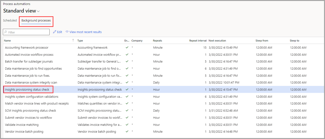 Screenshot highlighting the Background processes tab and the Insights provisioning status check.
