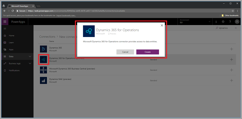 Screenshot highlighting the creation of Dynamics 356 for Operations.