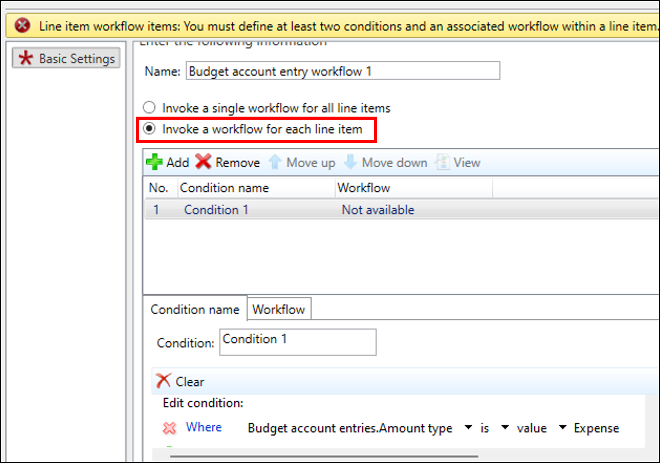 Screenshot of the Invoke a workflow for each line item checkbox.