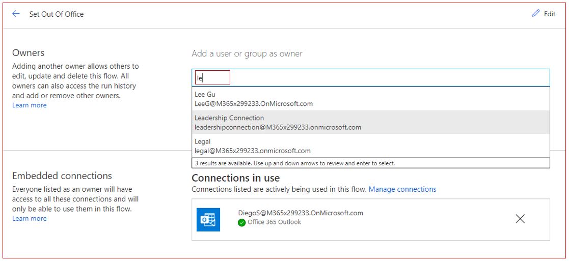 Screenshot of the Set Out of Office dialog with add a user or group as owner option highlighted.