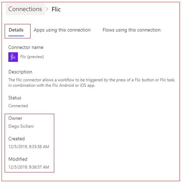 Screenshot of the flow connection details tab.