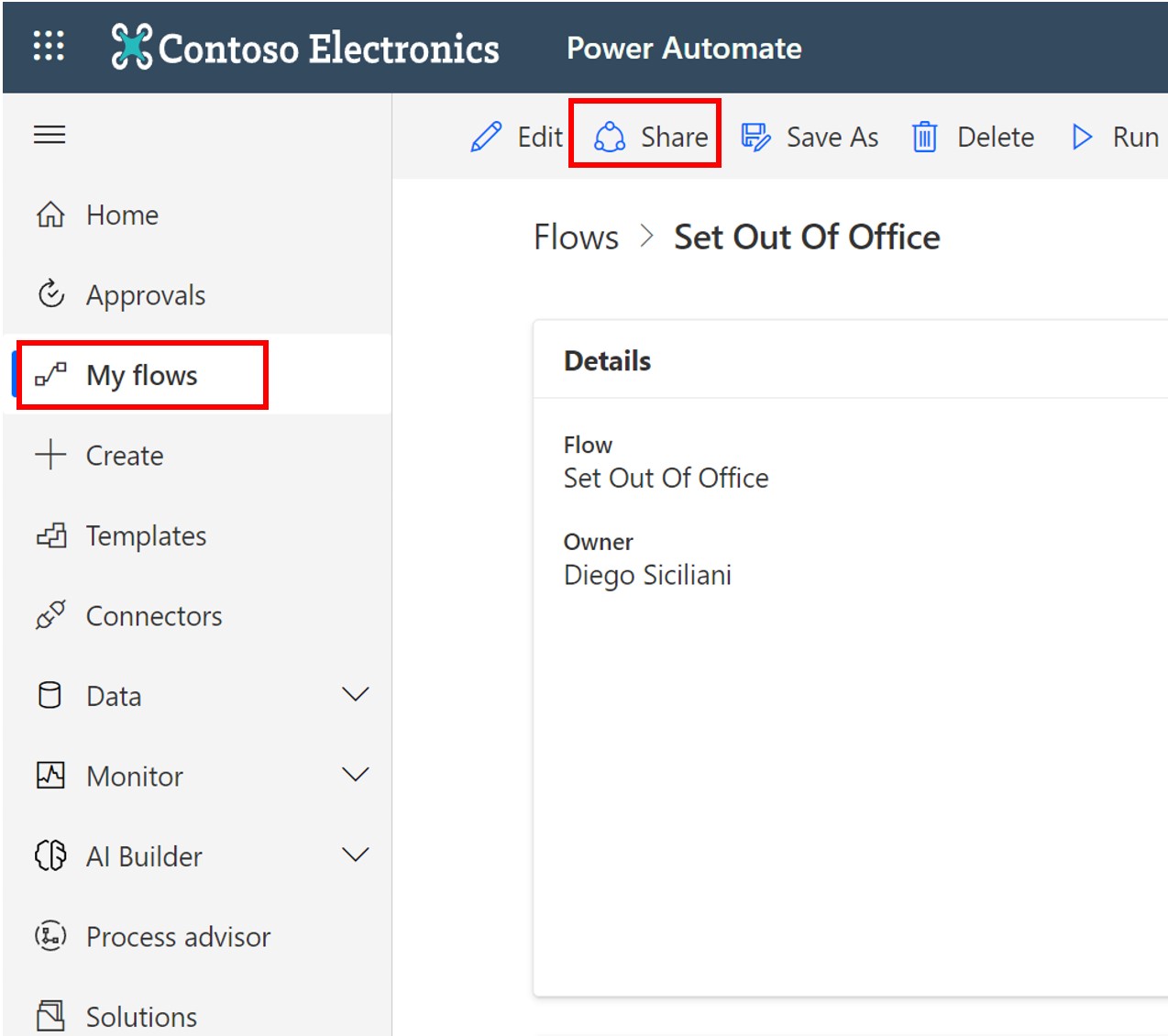 Screenshot of the Power Automate Share option flow.