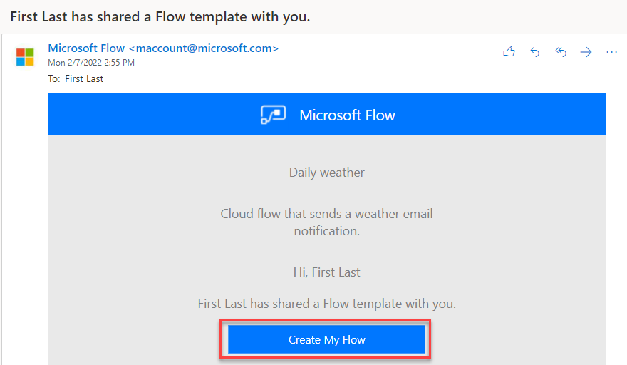Screenshot of the cloud flow template that's sent by Power Automate, with the Create My Flow button highlighted.
