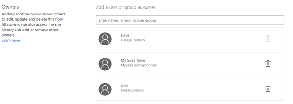 Screenshot showing the owners list where you can add users or groups.