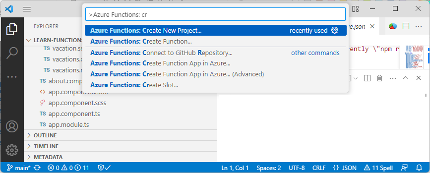 Screenshot of Visual Studio Code creating a new function app.