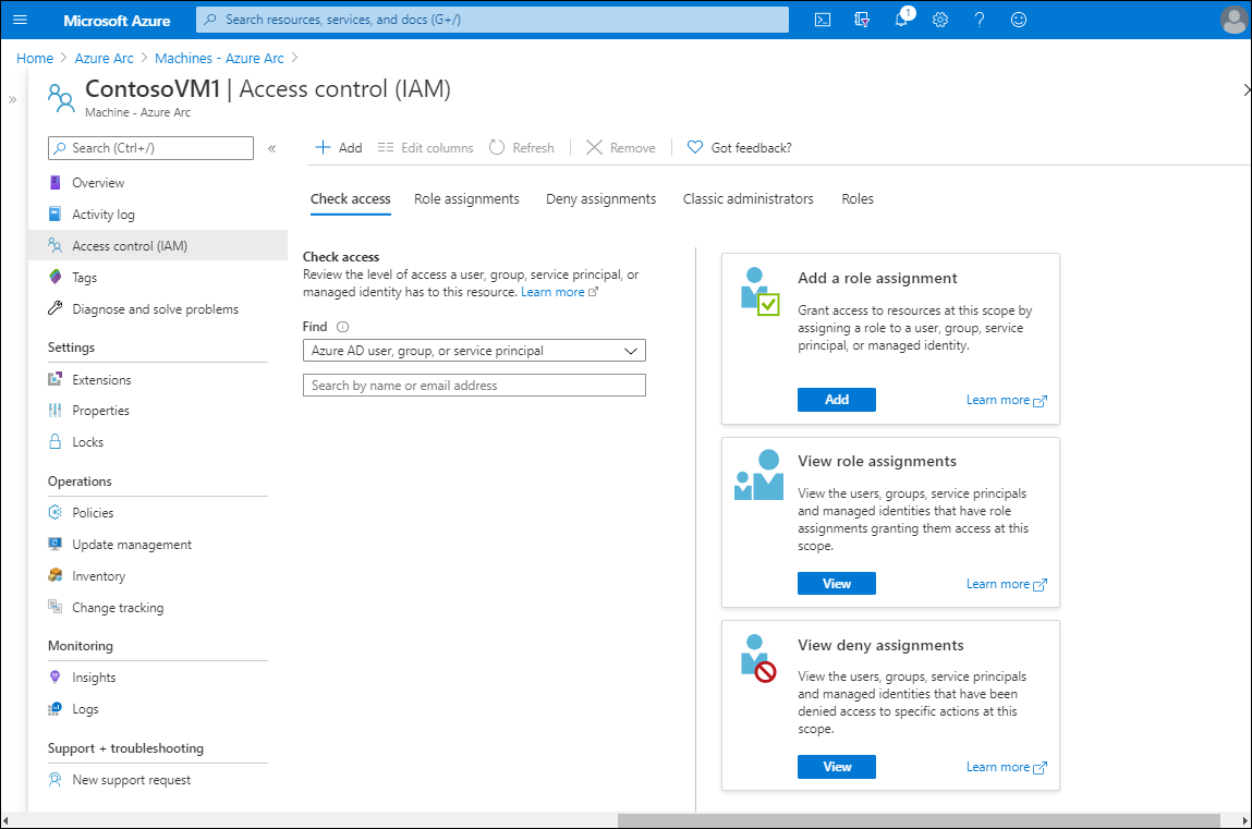 Screenshot of the Identity and Access Management (IAM) page in the Azure portal for the selected VM: ContosoVM1. The details pane displays a number of tabs: Check access (selected), Role assignments, Deny assignments, Classic administrators, and Roles.