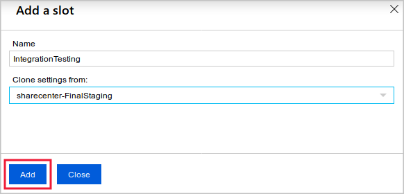 Screenshot of naming a new deployment slot and choosing whether to clone settings in the Azure portal.