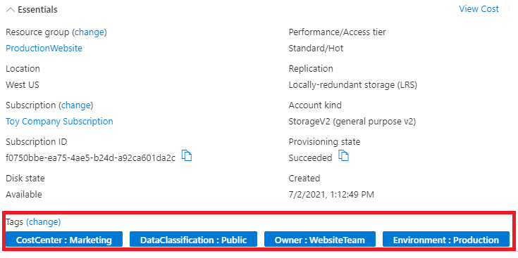 Screenshot of the Azure portal for a storage account, showing the location of tags.